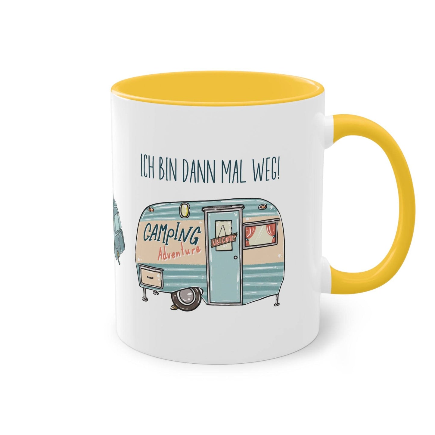 a yellow and white coffee mug with an image of a camper