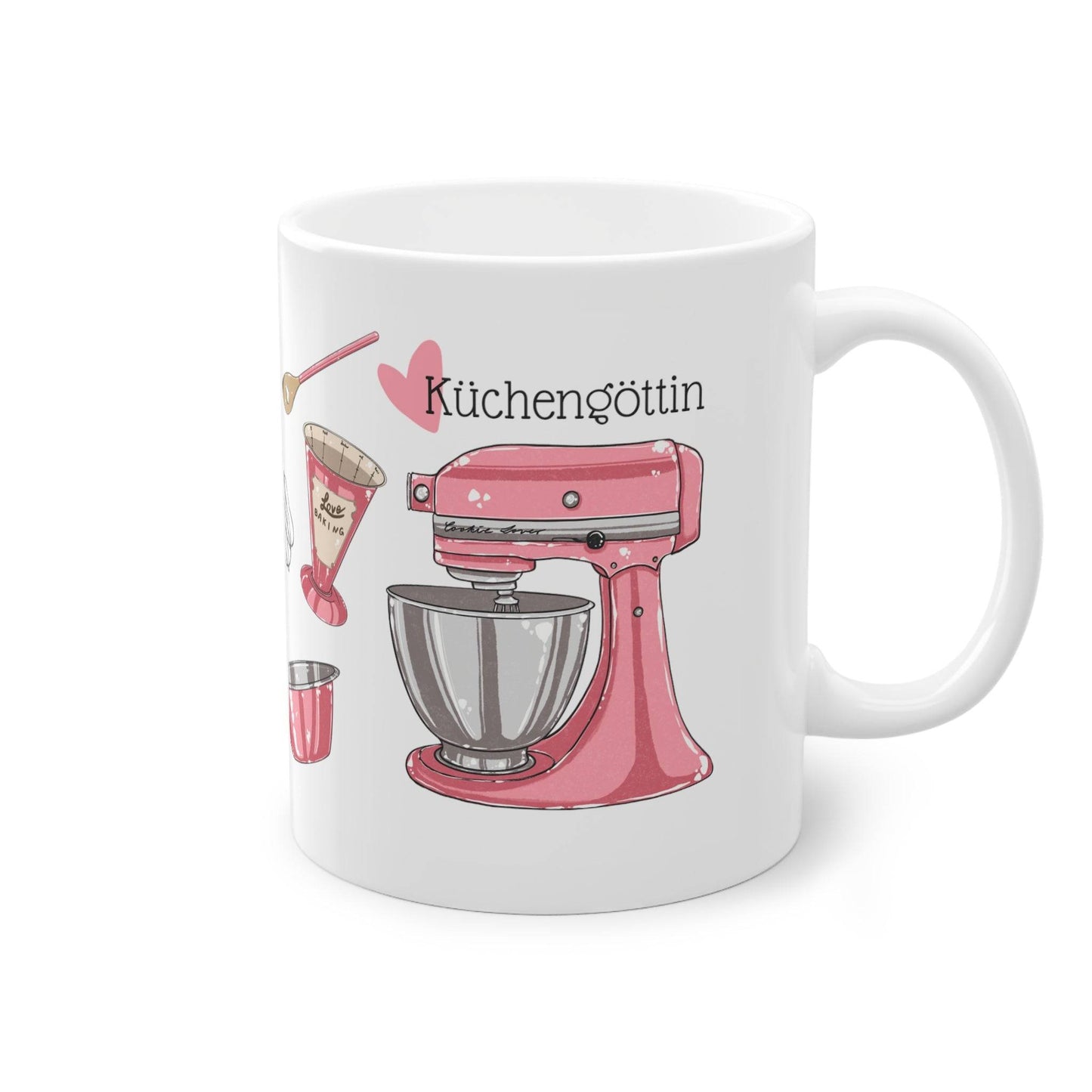 a coffee mug with a pink mixer on it