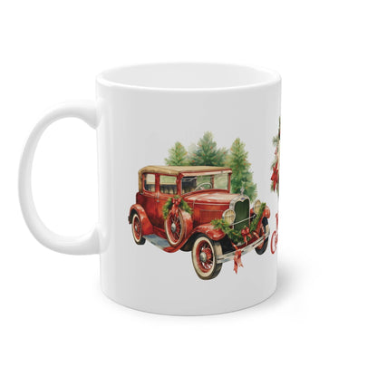 Entdecke den nostalgischen Charme unserer Tasse mit einem Retro-Automotiv, welches stimmungsvoll dekoriert ist. Tasse Weihnachtsgeschenk mit Retro Motiv