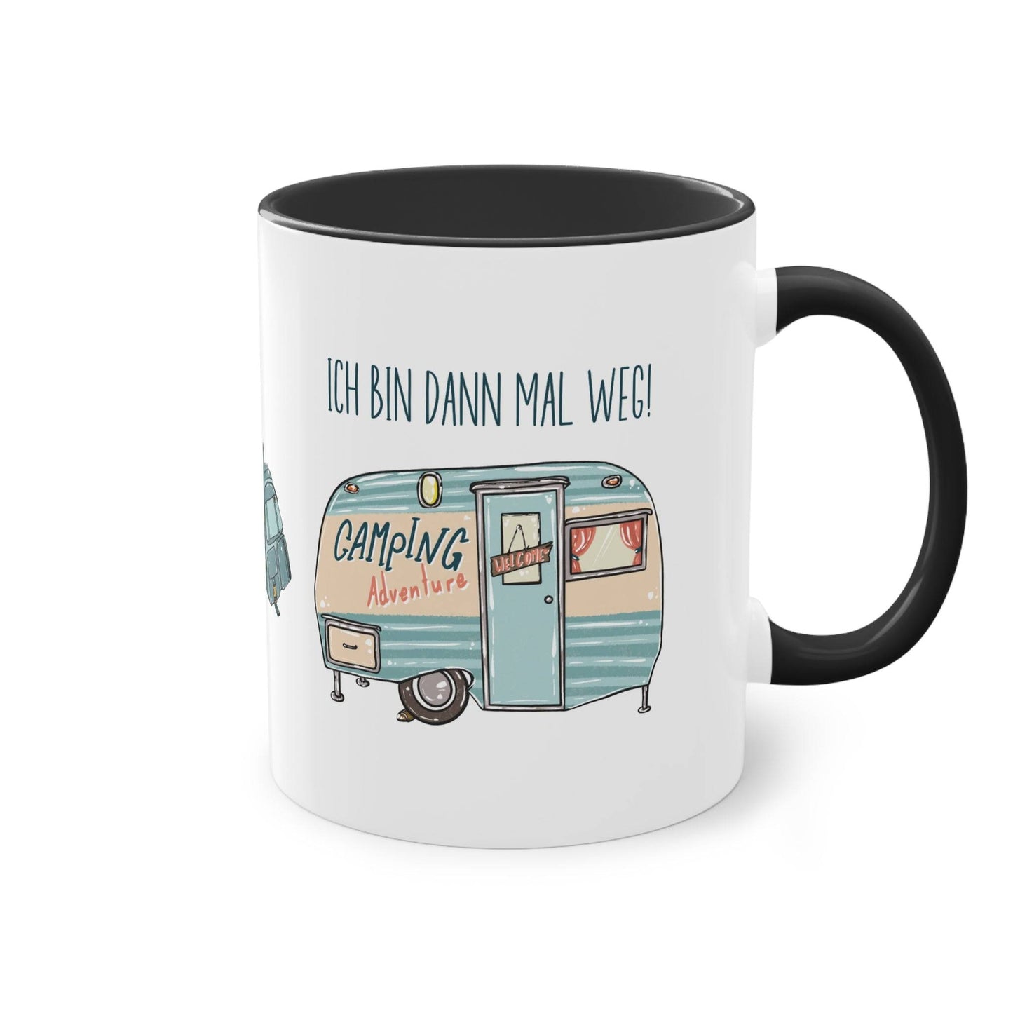 a black and white coffee mug with a camper on it