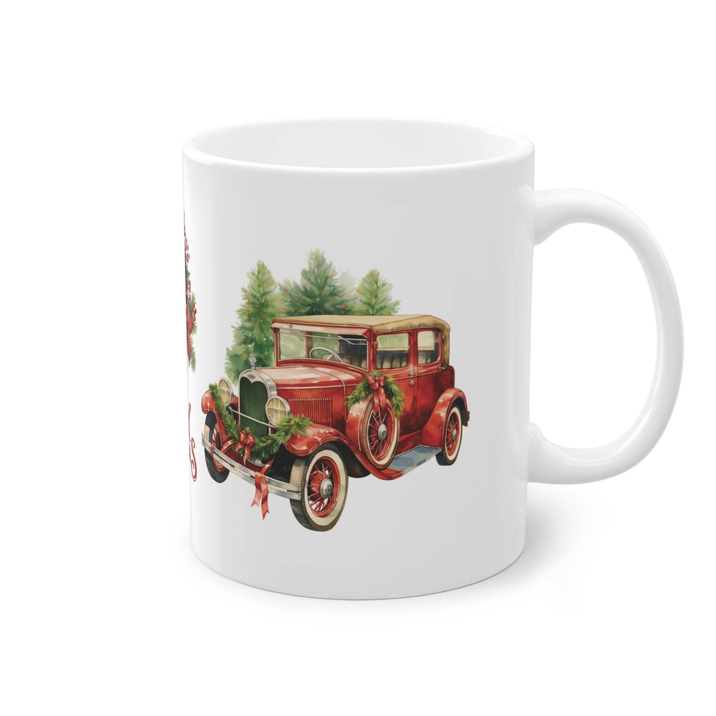 Entdecke den nostalgischen Charme unserer Tasse mit einem Retro-Automotiv, welches stimmungsvoll dekoriert ist. Tasse Weihnachtsgeschenk mit Retro Motiv