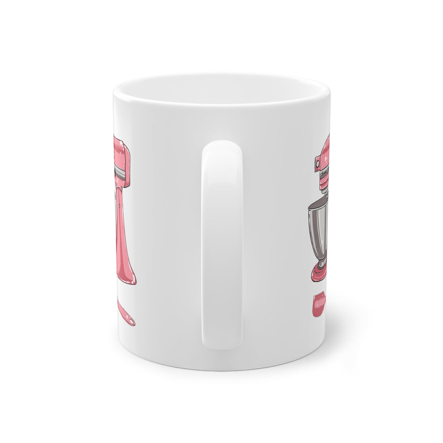 a white coffee mug with a pink handle