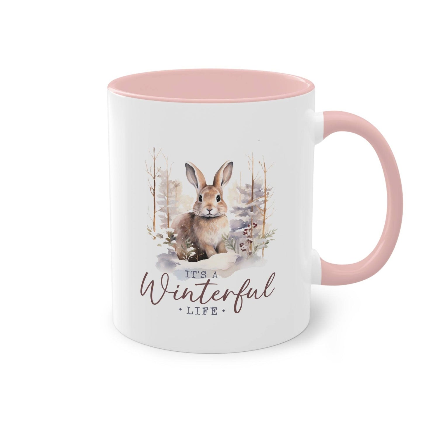 Tasse mit süßem Hasen im Schnee. Rosa-weiße Tasse Geschenk Weihnachten