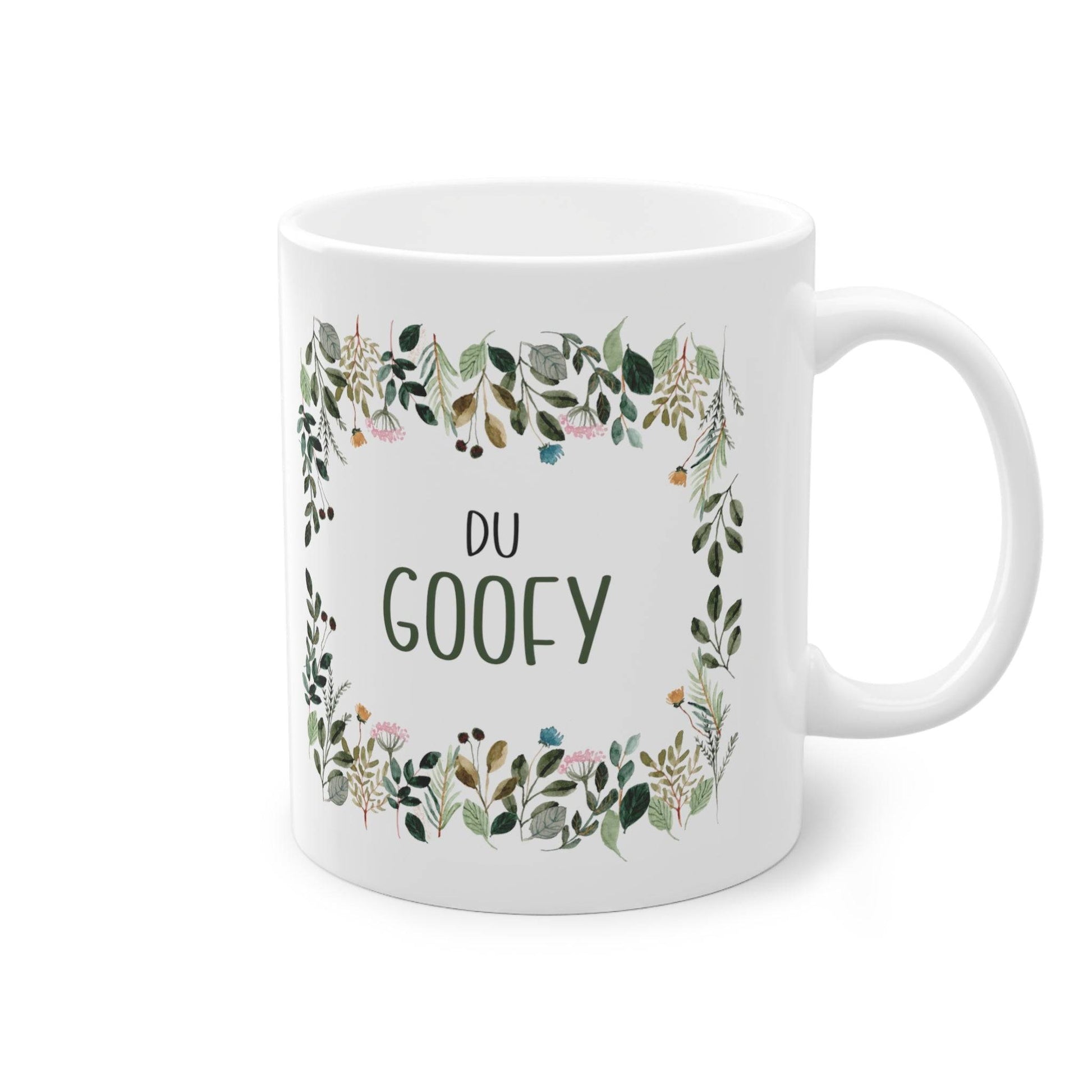 a white coffee mug with the words du gooey printed on it