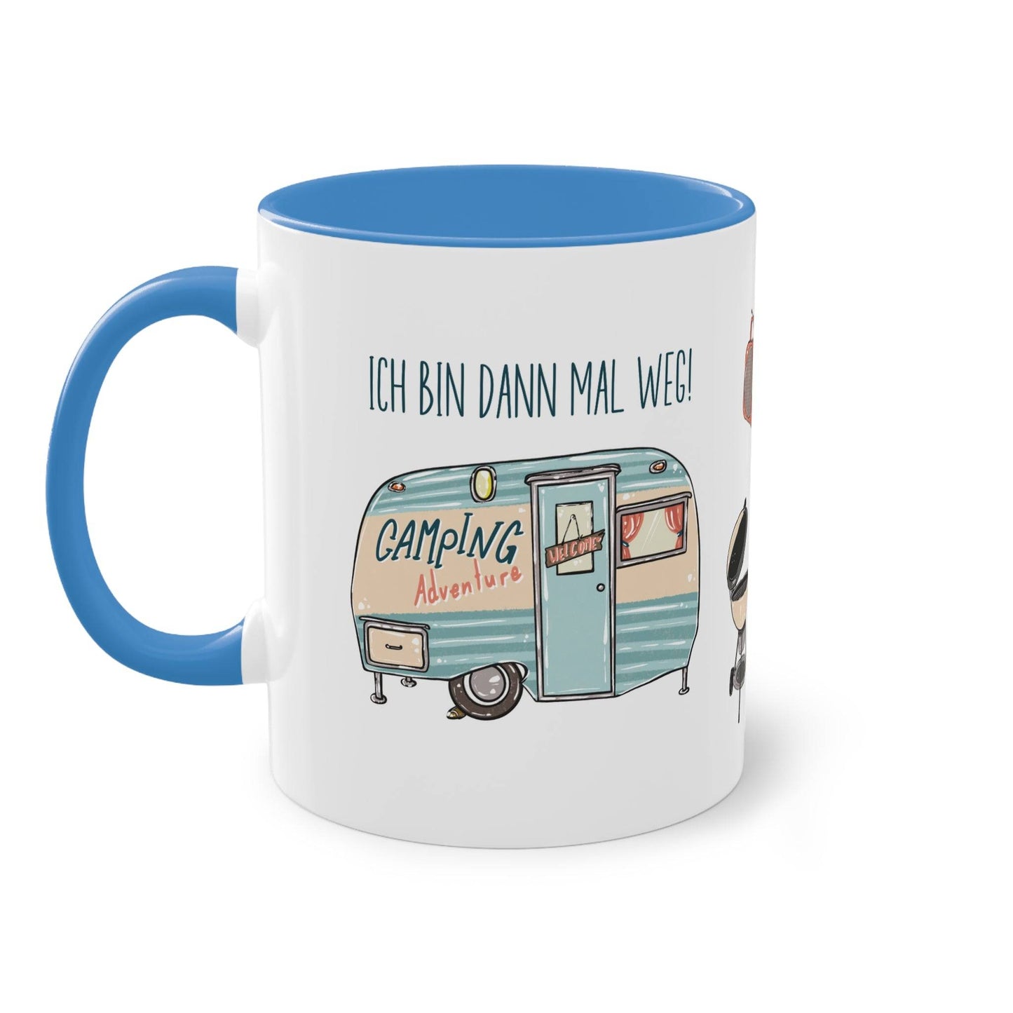 a blue and white coffee mug with an image of a camper