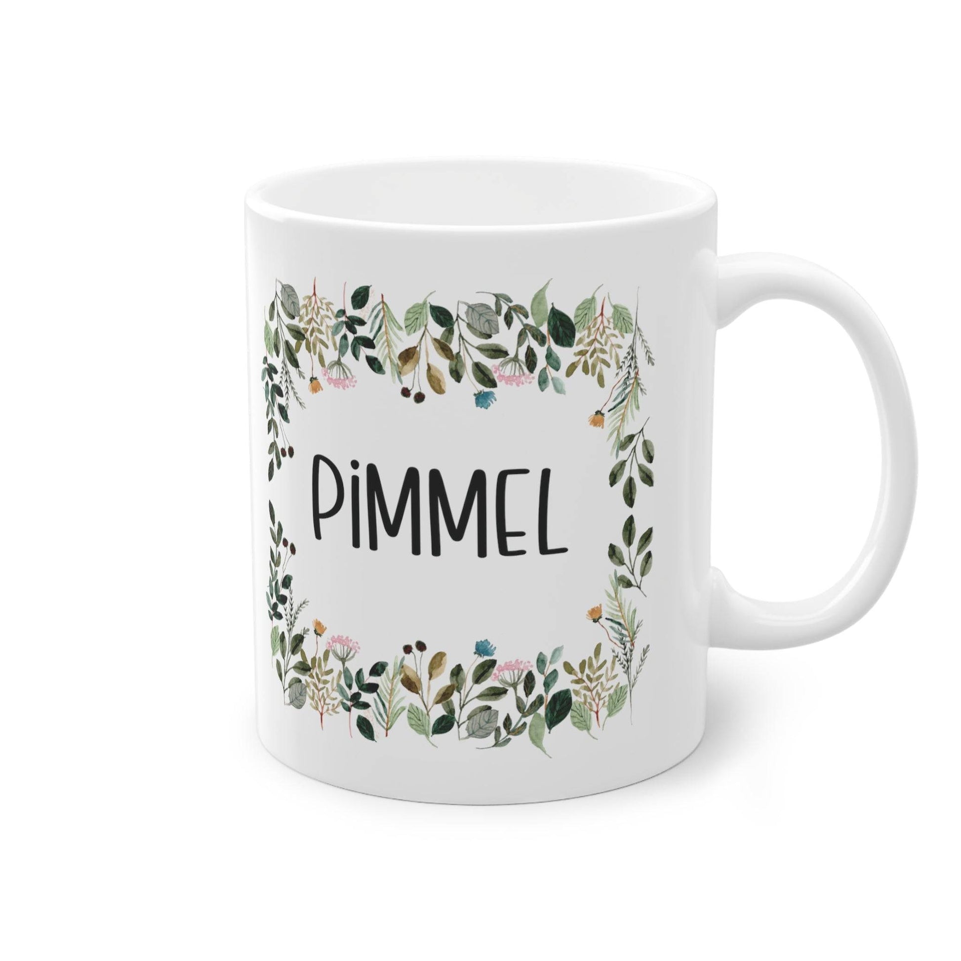 a white coffee mug with the word pimmel printed on it