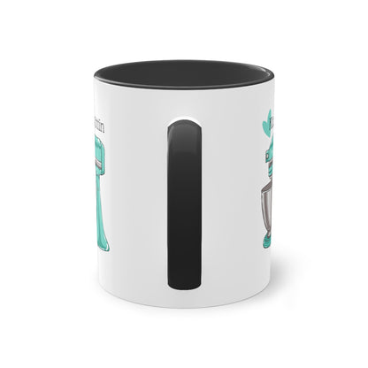 a white and black coffee mug with a black handle