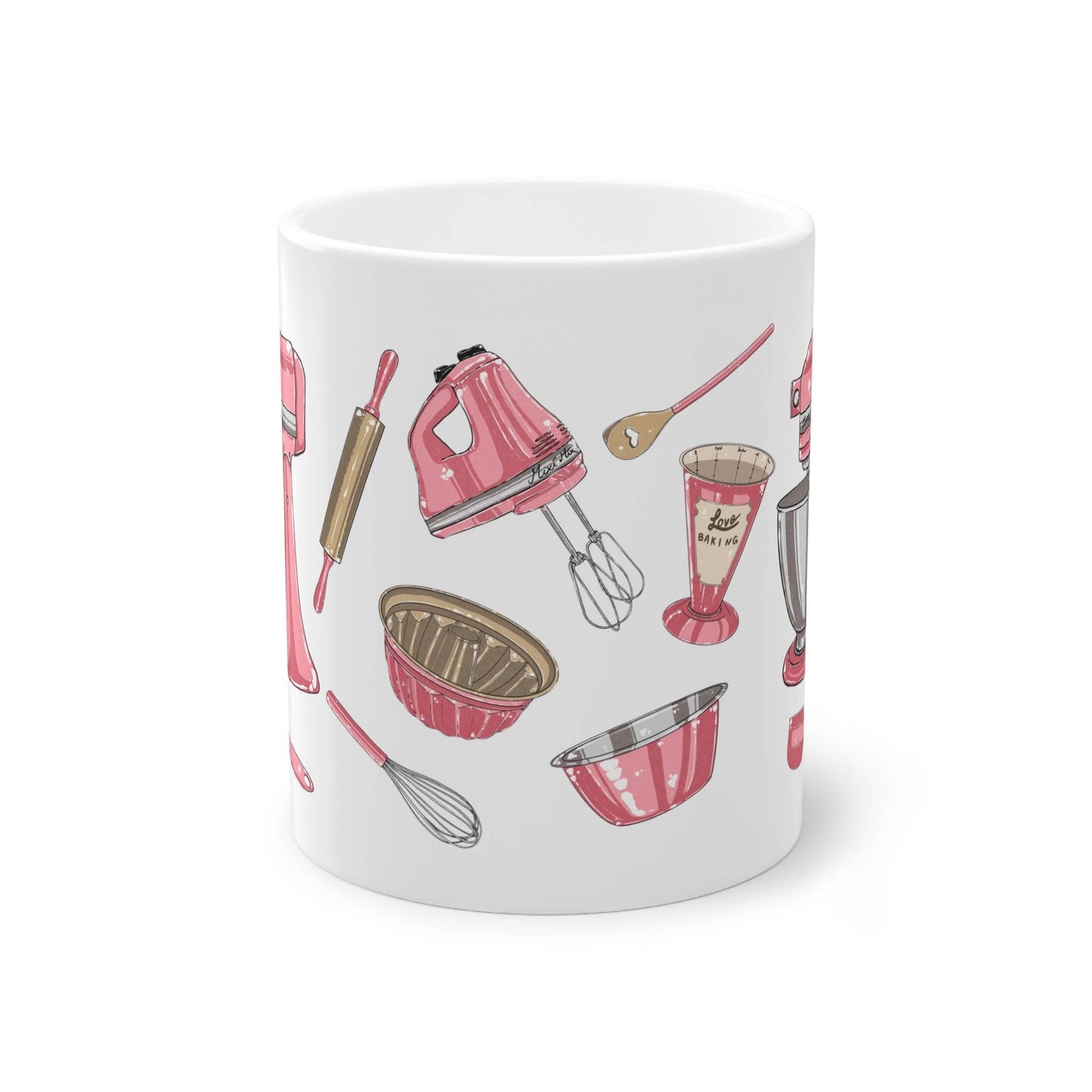 a coffee mug with a pattern of kitchen utensils