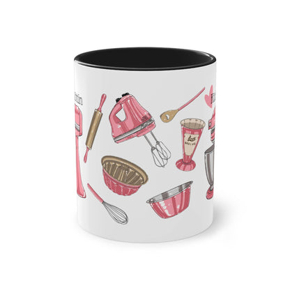 a coffee mug with a pattern of kitchen utensils