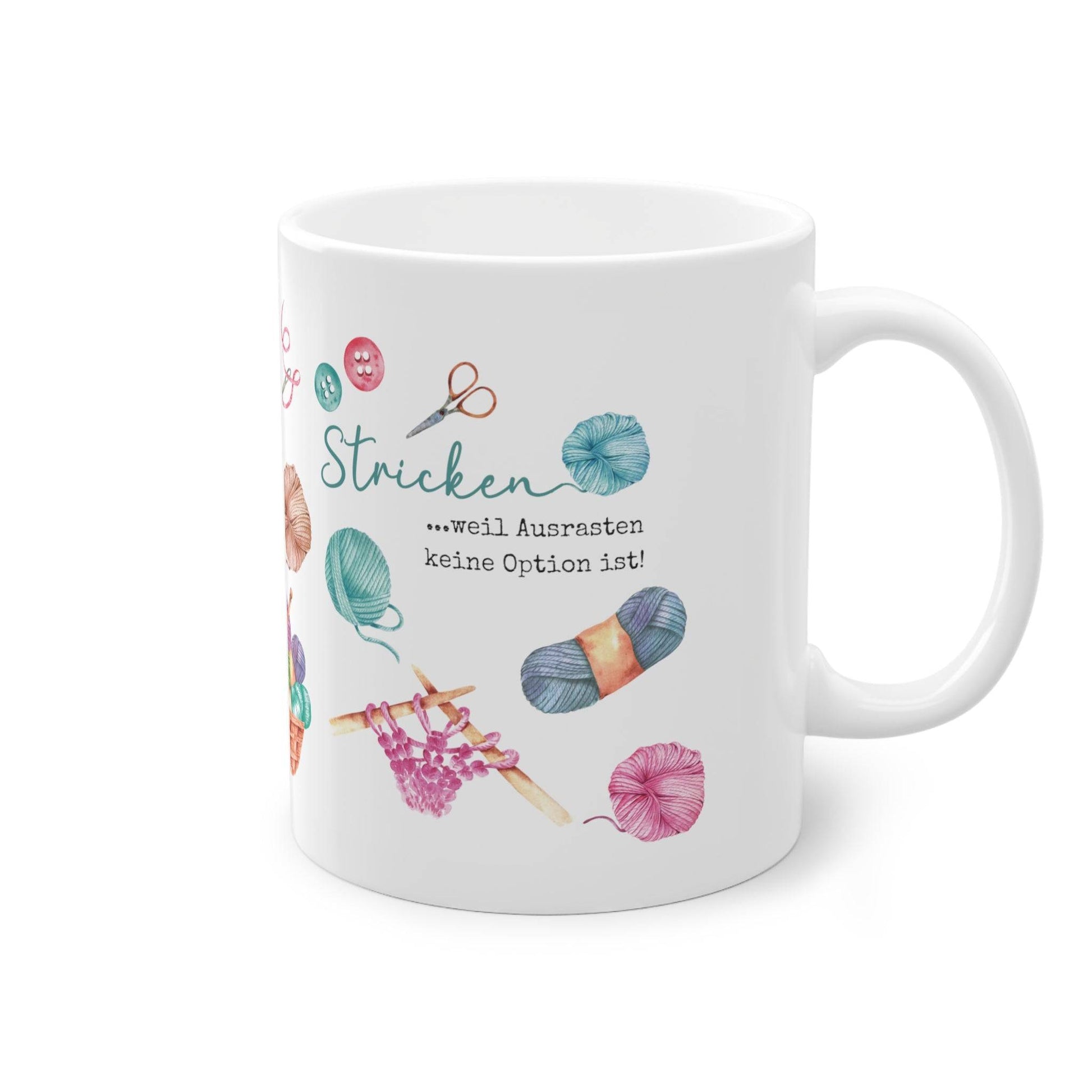 a coffee mug with a picture of knitting items on it