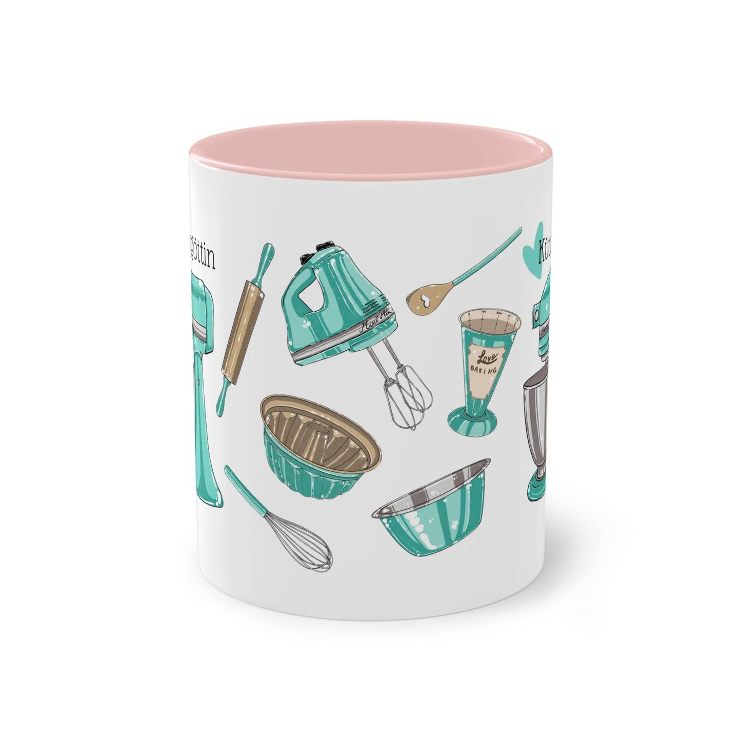 a coffee mug with kitchen utensils on it