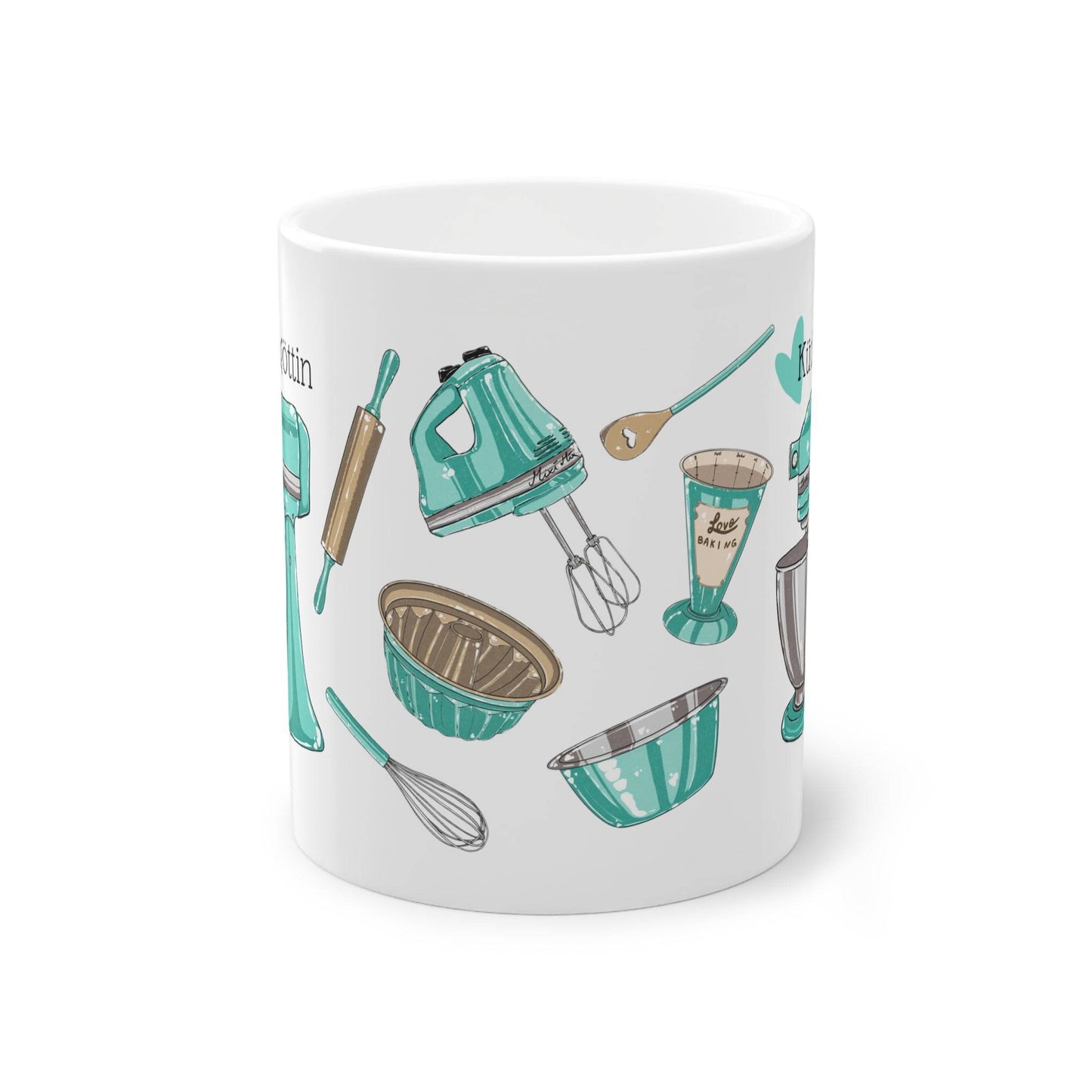 a coffee mug with kitchen utensils on it