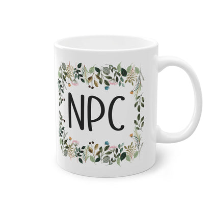 a white coffee mug with a floral border around it