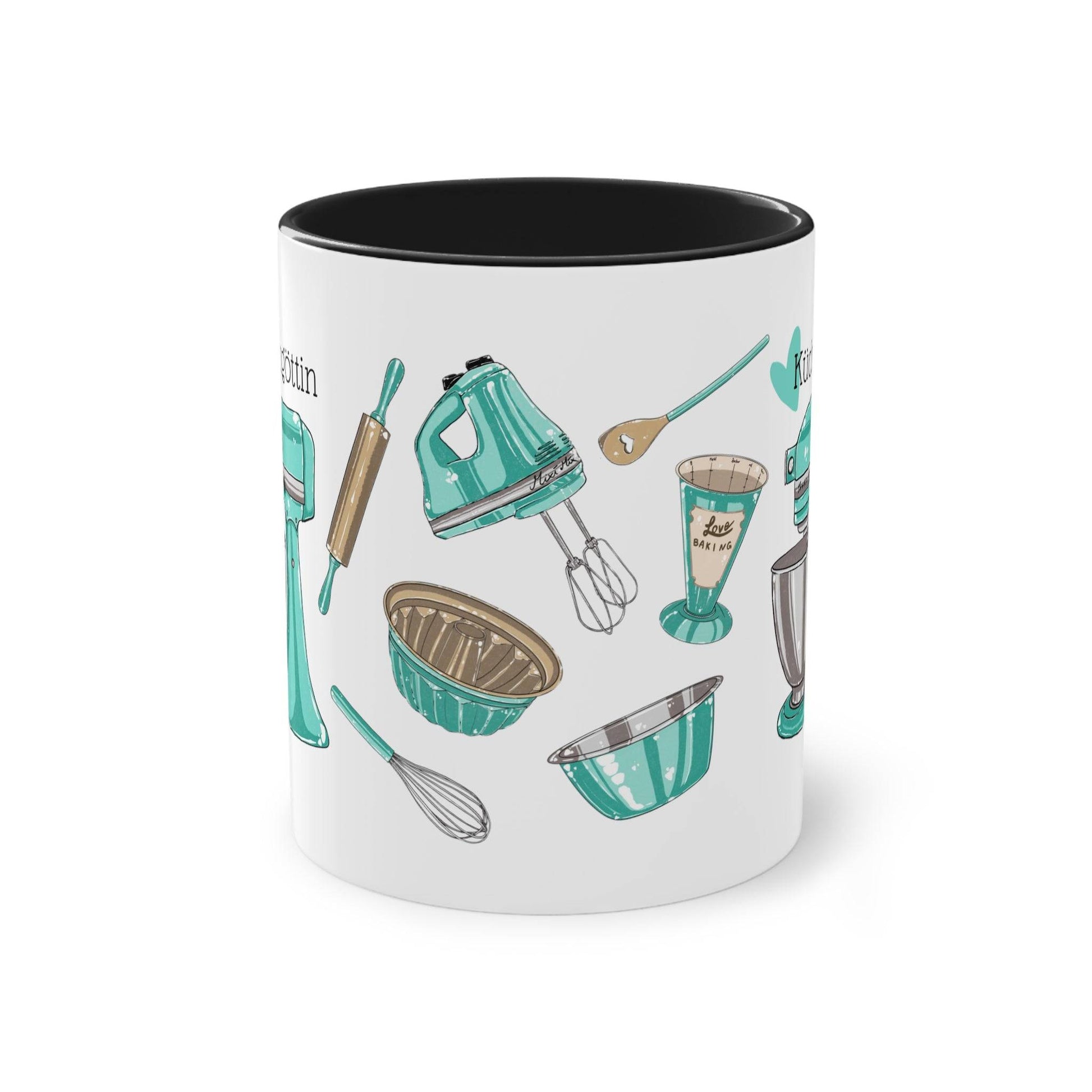 a coffee mug with kitchen utensils on it