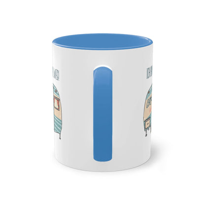 a blue and white mug with a cartoon character on it