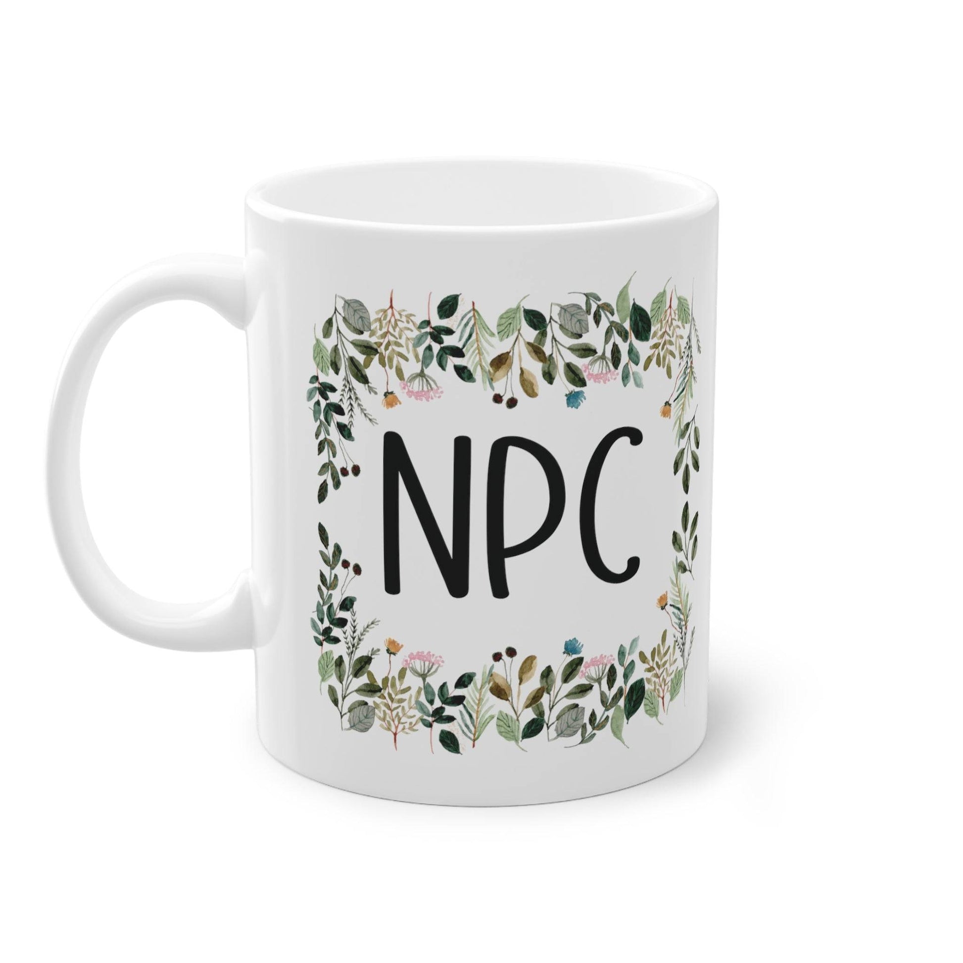 a white coffee mug with a floral border around it