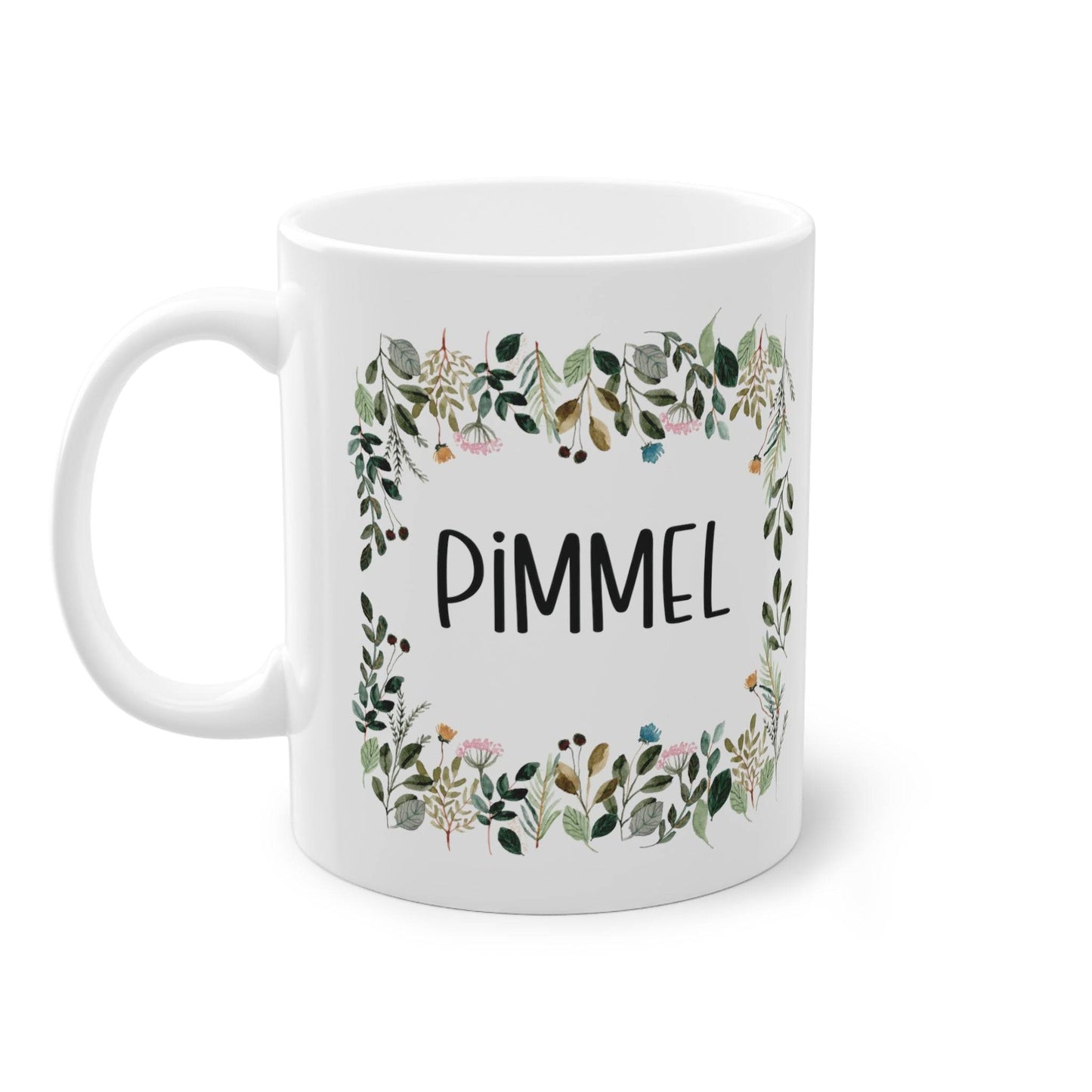 a white coffee mug with the words pimmel printed on it