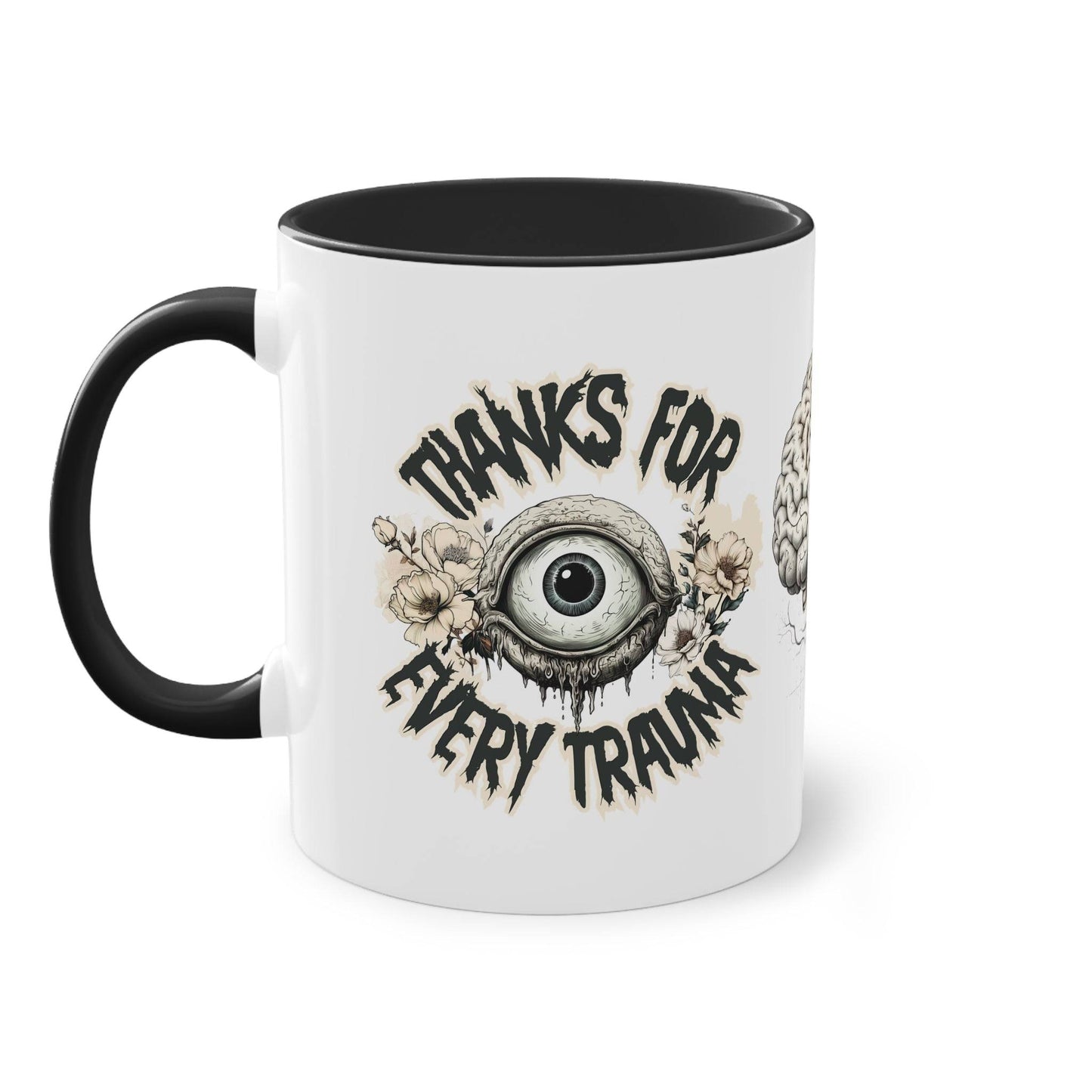 Entdecke die perfekte Geschenkidee für jeden von uns. Shoppe jetzt das Traumafest. Die Tasse Tasse thanks for every trauma lässt uns mit schwarzem Humor glänzen